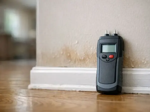 Pinless moisture meter against a water-stained baseboard