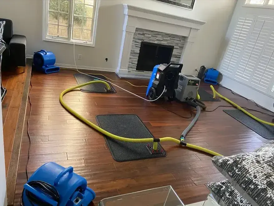 Air movers and hardwood floor drying mats running in a Decatur living room