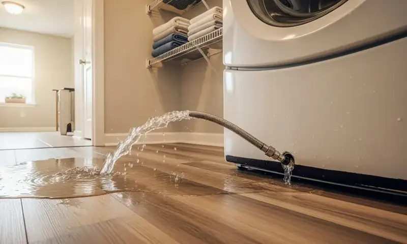 Water spraying from a washing machine supply hose onto a wood floor