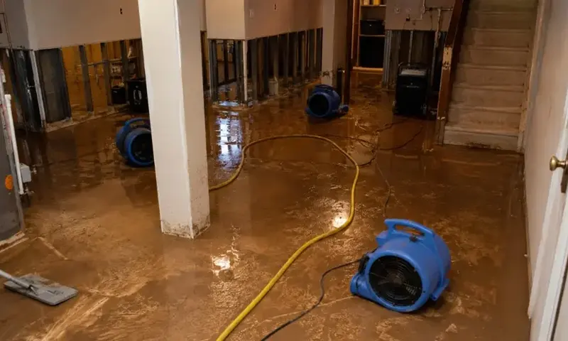 Muddy water across a finished basement floor with an air mover set to dry it