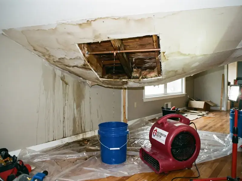 Water-stained ceiling opened up above a room with an air mover and bucket below