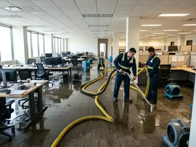 Crew extracting water from office carpet with air movers staged across the floor
