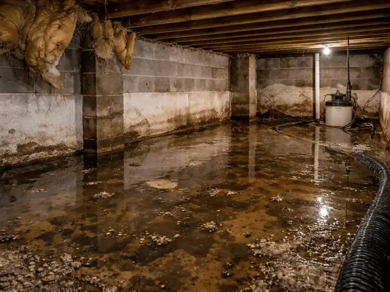 Standing water under the floor joists of a flooded crawl space