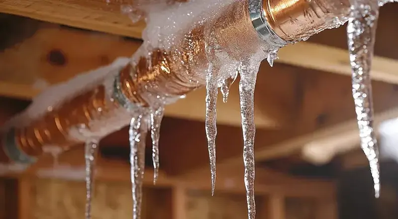 Icicles hanging from a frozen copper supply pipe under the floor joists