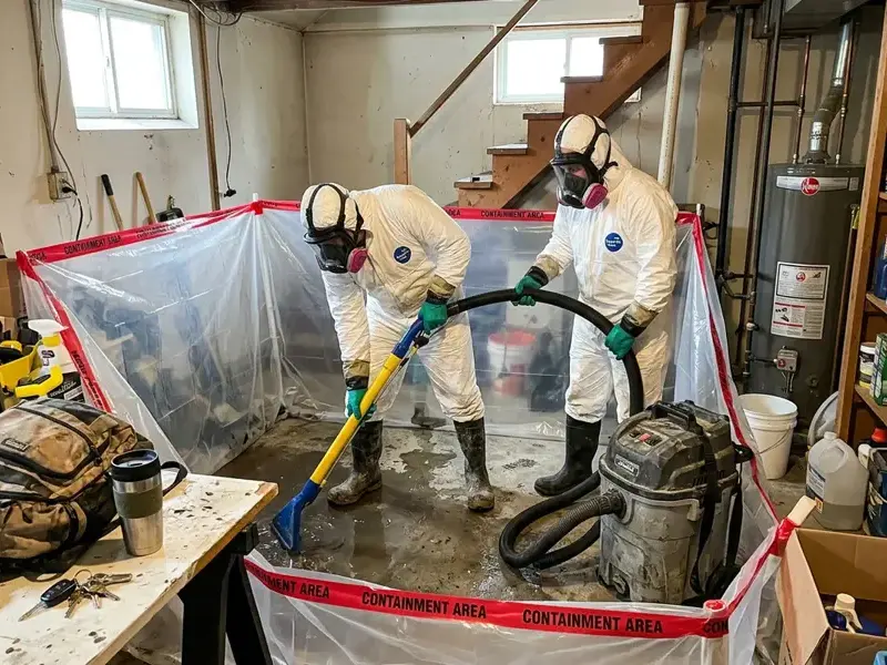 Workers in protective suits extracting sewage inside plastic containment in a basement