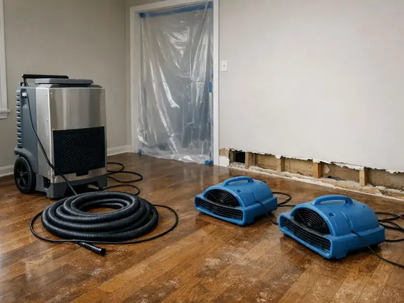 Dehumidifier and air movers drying walls opened at the base after a water loss