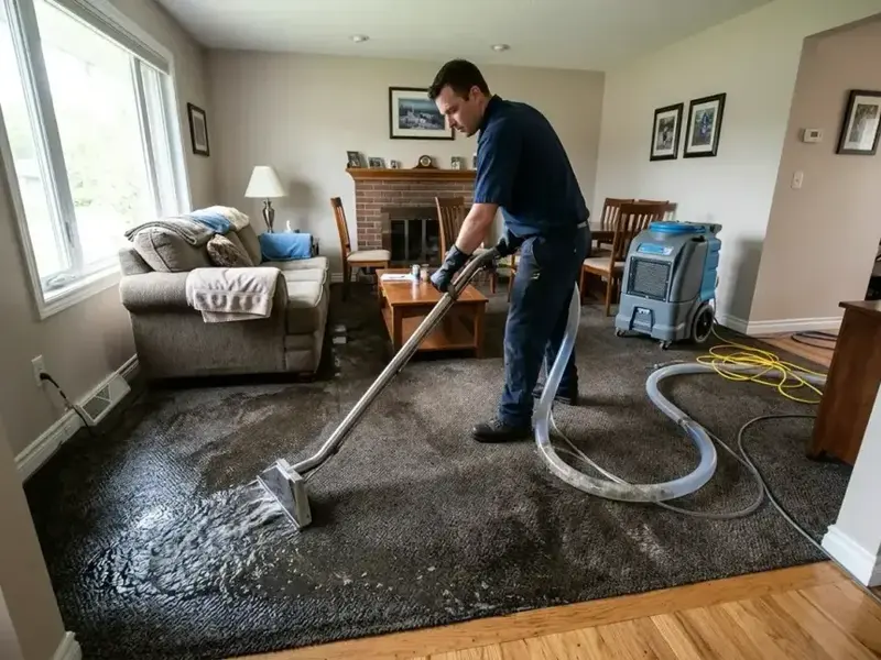 Extraction wand pulling standing water out of soaked living room carpet in a Decatur home