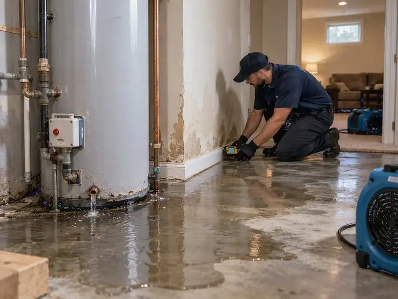 Technician checking a leaking water heater on a wet floor with an air mover nearby